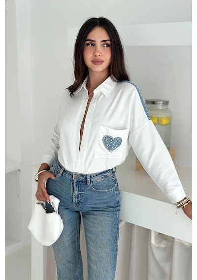 Asprin Fashion Kalp Cepli Gömlek Beyaz
