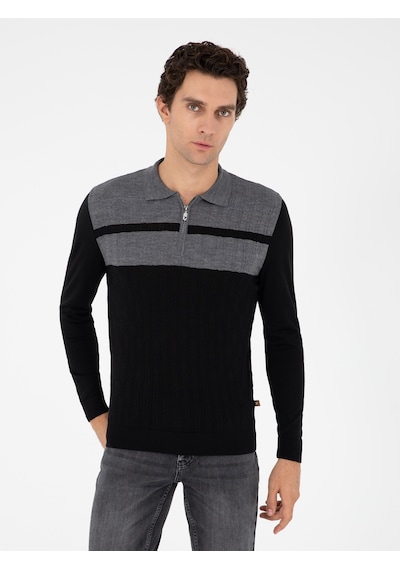 Cacharel Siyah Slim Fit Polo Yaka Fermuarlı Triko Kazak
