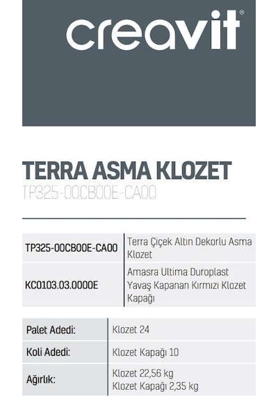 Creavit TP325 Terra Asma Klozet Çiçek Altın Dekorlu Asma Klozet + Duck Yavaş Kapanır Kapak