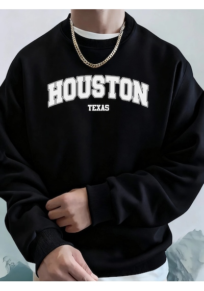 Startmore Tarzsokak Houston Texas Sanat Mektup Baskı Erkek Sonbahar Sıcak Tişörtü Rahat Moda Kapşonlu Spor Uzun K Siyah