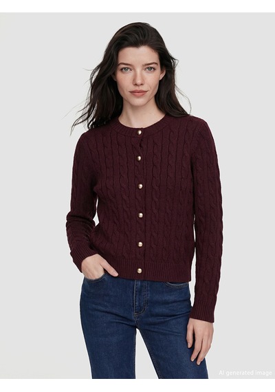 Lcw Comfort Bordo Bisiklet Yaka Desenli Kadın Triko Hırka