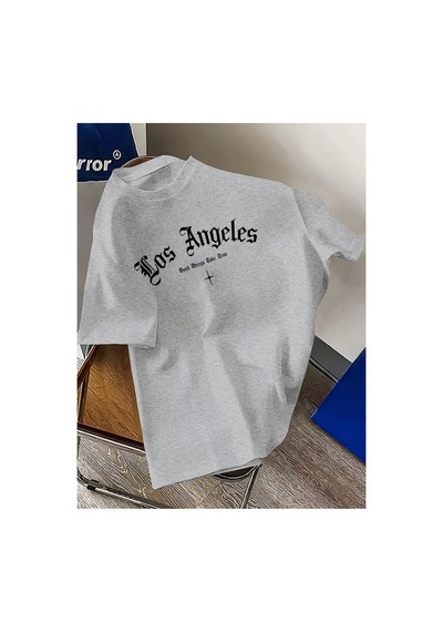 Caddemia Yaz Los Angeles Mektup Baskılı Rahat Gevşek Spor Rahat Yuvarlak Boyun Kısa K Gri 2XL
