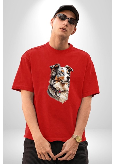 Australian Shepherd Köpek Pamuklu Bisiklet Yaka Unisex Oversize Boyfriend Dijital Baskılı Kırmızı T-shirt Kırmızı