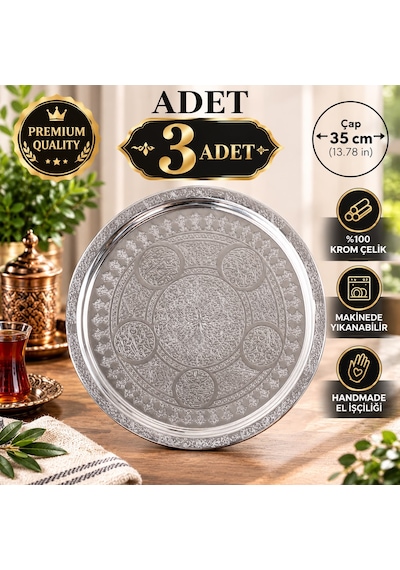 3 Lü 35 Cm Nakışlı Krom Çelik Tepsi Seti 430 Kalite Özel Motifli Servis Tepsisi Makinede Yıkanabilir Gümüş