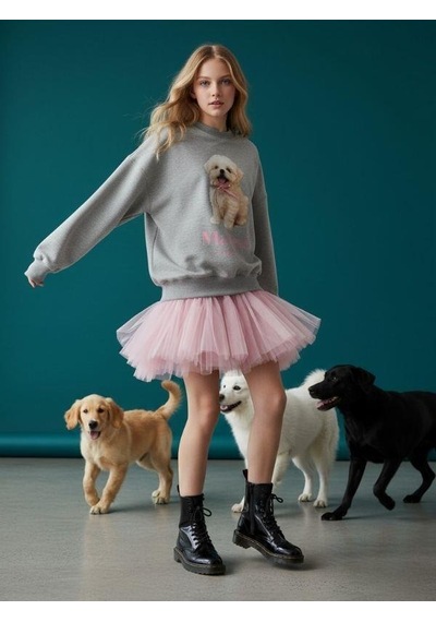 Kız Çocuk Pamuklu Köpek Baskılı Oversize Tasarım Sweatshirt-16472 Vizon