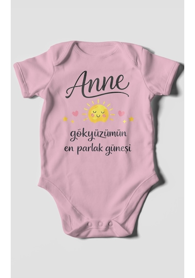 Morivokids Anne, Gökyüzümün En Parlak Güneşi Kısa Kollu Bebek Body Koyu Pembe