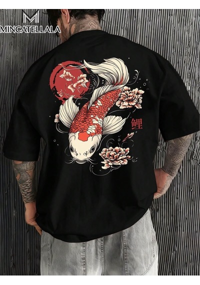 Brz Collectıon Brz Collection Unisex Oversize Koi Fish T-shirt Siyah
