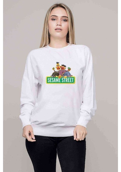 Susam Sokağı Baskılı Beyaz Kadın Sweatshirt (528296439)
