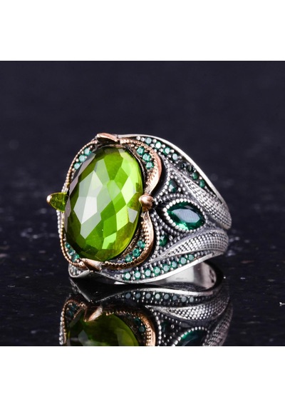 Peridot Yapay Taşlı Yüzük - 925 Ayar Gümüş Yüzük - El Yapımı Taş Takı - Gümüş Erkek Yüzüğü Gümüş
