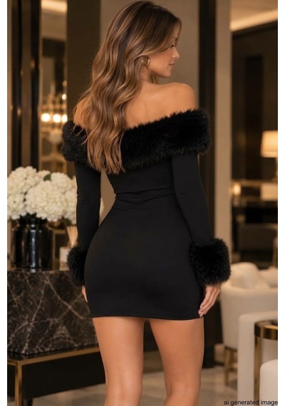 Bhrwear Kadın Modanna Kürk Yakalı Kısa Modal Elbise Renkli