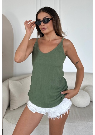 Bbbutikbasic Askılı Krinkıl Dokulu Bluz Y3617 Koyu Yeşil