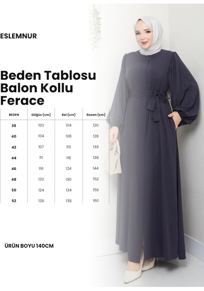 Eslemnur Balon Kol Medine İpeği Yazlık Ferace Füme