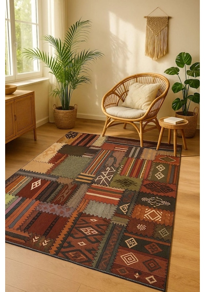 Patcwork Desen Renkli Modern Halı Dekoratif Kilim Bordo