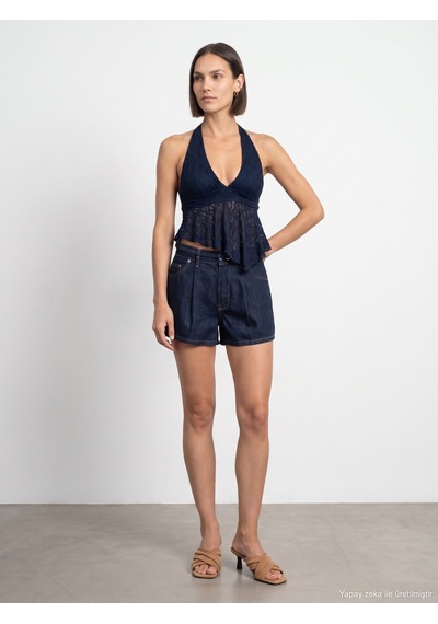 Dilvin 21228 Dantel Halter Yaka Top-indigo İndigo