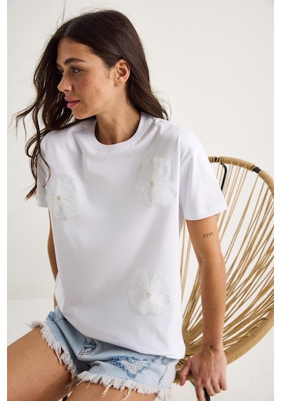 Shade Bisiklet Yaka Çiçek Aksesuarlı Kısa Kollu T-shirt 60602060 - Beyaz