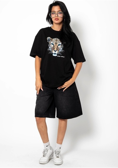 Startmore Stay Wild Leopar Siluet Baskılı Oversize Unisex Beyaz Siyah