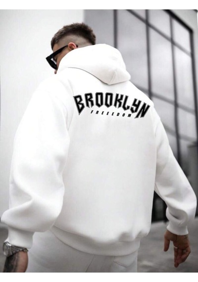 Unisex Oversize Beyaz Brooklyn Freedom Baskılı Sweatshirt Kapüşonlu Hoodie Beyaz