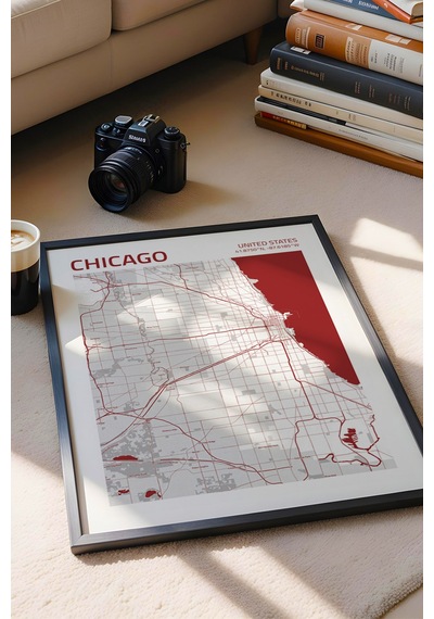 Chicago Abd Şehir Haritası Çerçeveli Tablo Lüks Salon Ofis Duvar Dekorasyonu Hediyelik Tablo