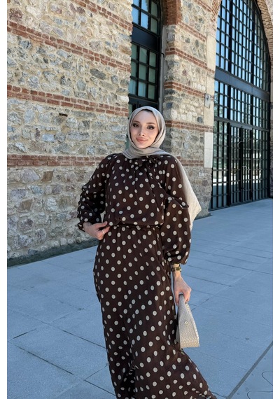 Riella Butik Ela Puantiyeli Tesettür Takım Kahverengi