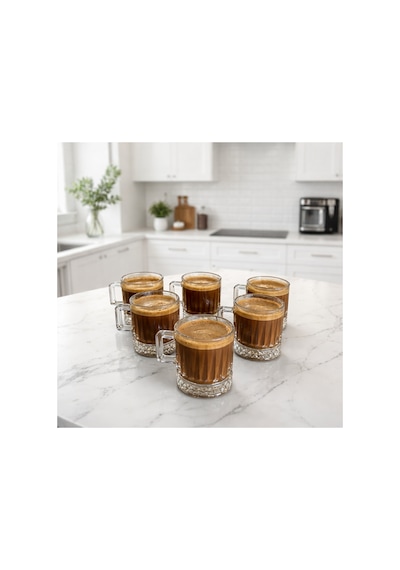 6 Lı Cam Kahve Fincanı,espresso Fincanı Seti 140 Ml Kulplu Cam Kupa Bardak Şeffaf Desenli Glass Mug Şeffaf