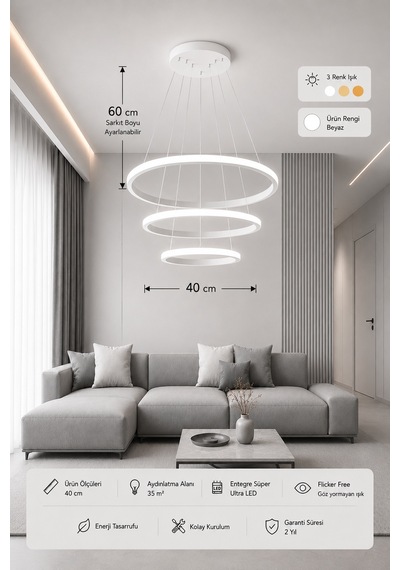 Rizon 3 Lü Led Sarkıt Avize 3 Renk Kumandalı Beyaz