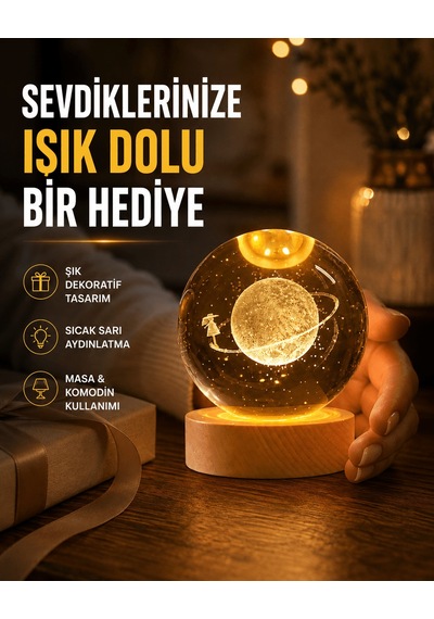 Ahşap Standlı Sarı Işıklı Dekoratif Küre Kız Figürü Tasarım Astraltech