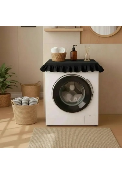 Fırfırlı Çamaşır Makinesi Örtüsü - Çeyizlik Dekoratif Banyo Makine Kılıfı- Siyah