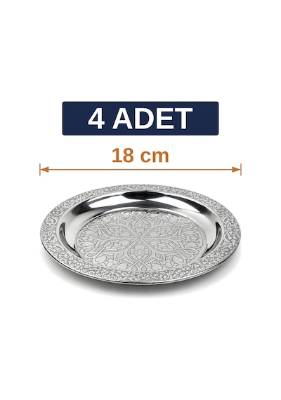 Binbir Trend 18 Cm İşlemeli Kenarlı Otantik Desenli Krom Çelik Meze Ve Servis Tabağı 4 Adet