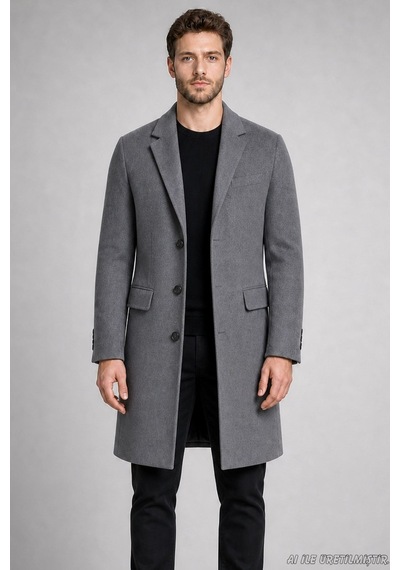 Freemen Erkek Slim Fit Klasik Yaka 3 Düğmeli Uzun Kaşe Kaban-425 Antrasit