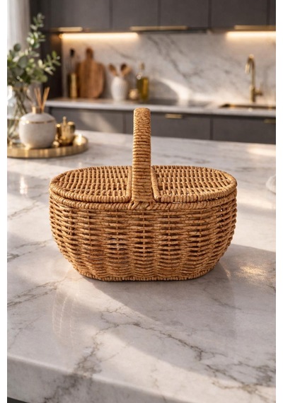 Oval Hasır Rattan Mini Kulplu Organizer Sepet,masaüstü Ekmeklik,banyo Düzenleyici Kahverengi
