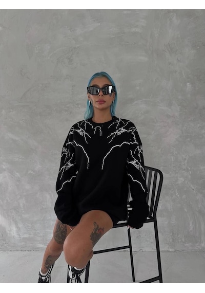 Yıldırım Baskılı Bisiklet Yaka Sweatshirt - Siyah Siyah