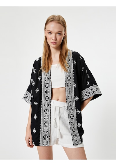 Koton Viskon Kimono Nakışlı Siyah Desenli 4sal50005ıw Siyah