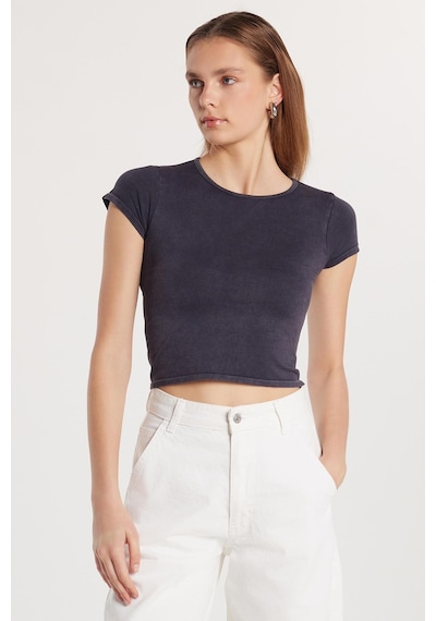 Tudors Kadın Slim Fit Dar Kesim Düz Basic Bisiklet Yaka Antrasit Tişört-33682 Antrasit