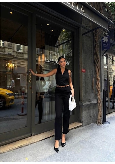 Defymoda Keten Duble Paça Deri Taba Kemerli Pantolon - Siyah Siyah
