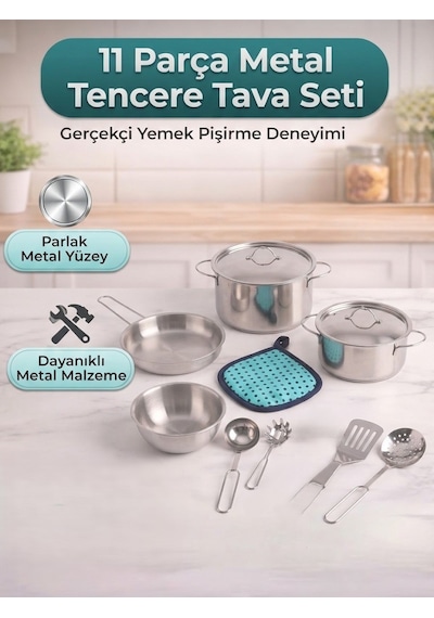 TıfılToys Çocuk Oyuncak Mutfak Seti 11 Parça Metal Tencere Tava Ve Mutfak Gereçleri Oyun Seti