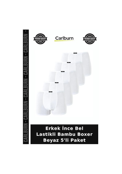 Carlburn Premium Erkek İnce Bel Lastikli Bambu Boxer Beyaz 5'li Paket Rahat Giyim Düz Tasarım Hediyelik