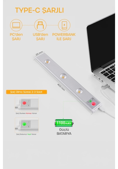 Mutfak Tezgah Altı Şarjlı Hareket Sensörlü Cabinet Dolap Işığı Çekmece İçi Koridor Lambası 40 Cm 03