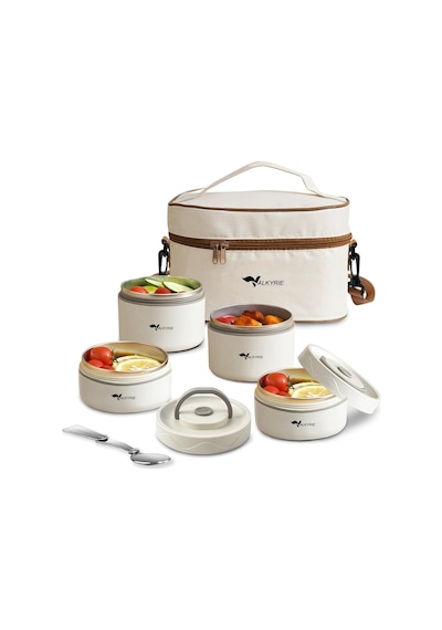 Valkyrie 4 Gözlü Paslanmaz Çelik Isı Yalıtımlı Yemek Kabı Seti Çantalı 304 Steel 2x 420ml + 2x 550ml Krem