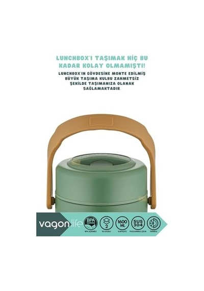 Bento 1600ml Lunchbox 2 Kaseli 4-6 Saat Sıcak/soğuk Termos Özellikli Çelik Sefer Tası Yemek Kutusu Yeşil Bakır