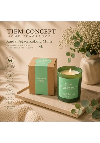 Tiem Concept Kokulu Mum - 150 Gr Cam Bardak Sandal Ağacı Kokulu Mum /%100 Doğal Soya Mumu / Özel Hediye Kutulu / Veg Çok Renkli