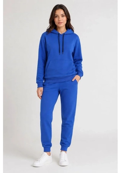 DefyModa İki İplik Kapüşonlu Kanguru Cepli Jogger Alt Üst Eşofman Takımı - Saks Mavisi
