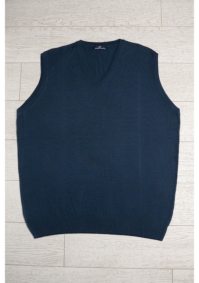 Woolen World V Yaka Battal Büyük Boy Yünlü Kolsuz Triko Süveter İndigo