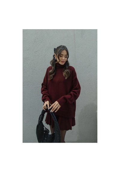 Candybia Bordo Pileli Mini Etek Balıkçı Kazak Alt Üst Premium Triko Takım Bordo Bordo