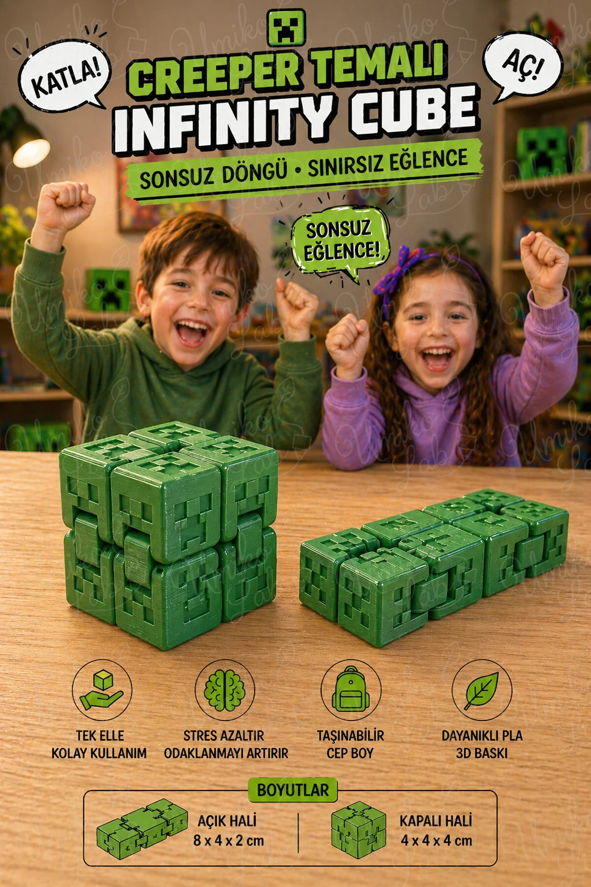 Creeper Temalı Infinity Cube Katlanabilir Fidget Küp Anti Stres Oyuncak 3d Baskı Akıcı Katlanan Model