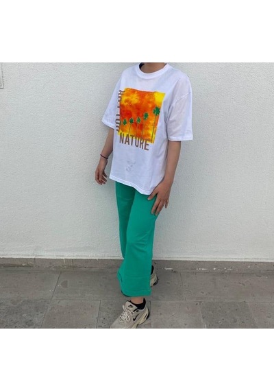 Marıons Kız Çocuk Pamuklu Rahat Kesim Manzara Baskılı Tshirt-12926 Beyaz
