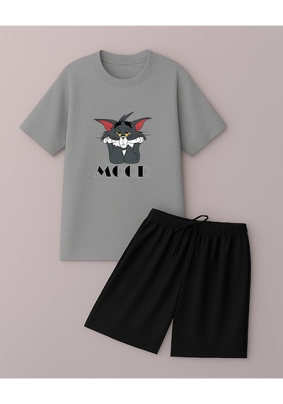 Uyguntarz Unisex Mood Baskılı Tasarım Şort Takım Gri