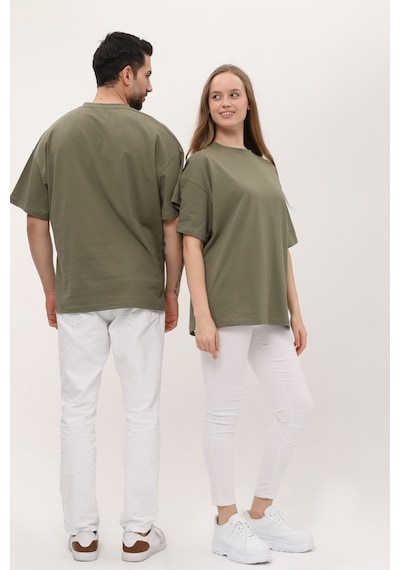 Unisex Haki Oversize Bol Kalıp T-shirt Çift Kombini Açık Haki