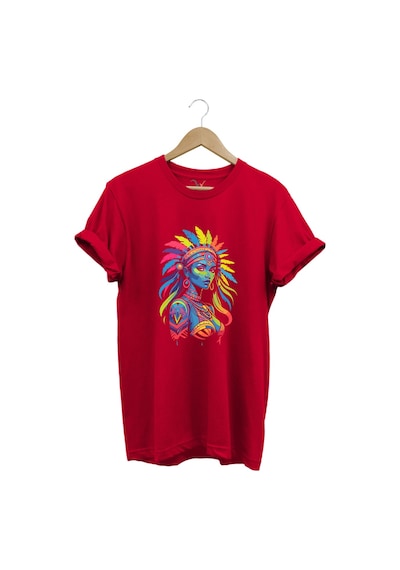 Renkli Kızılderili Baskılı %100 Pamuk Regular Fit Bisiklet Yaka Kırmızı T-shirt Kırmızı