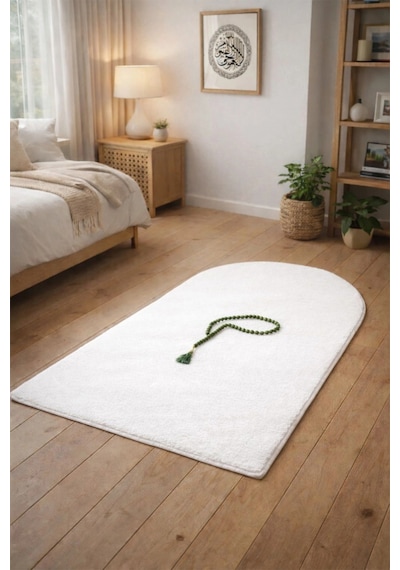 Seccade Namaz Halısı Yıkanabilir Kaymaz Taban Peluş 70x120 Cm Beyaz Çok Renkli