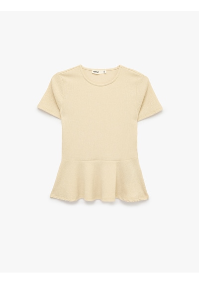 Koton Bürümcük Kumaş Slim Fit Kısa Kollu Bisiklet Yaka Volanlı Peplum Kesim Tişört Bej 6sak50383ek Ekru